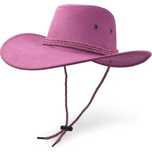 Unisex Pink Faux Wide Brim with Braided Band Chin Strap Classic Cowboy Felt Hat